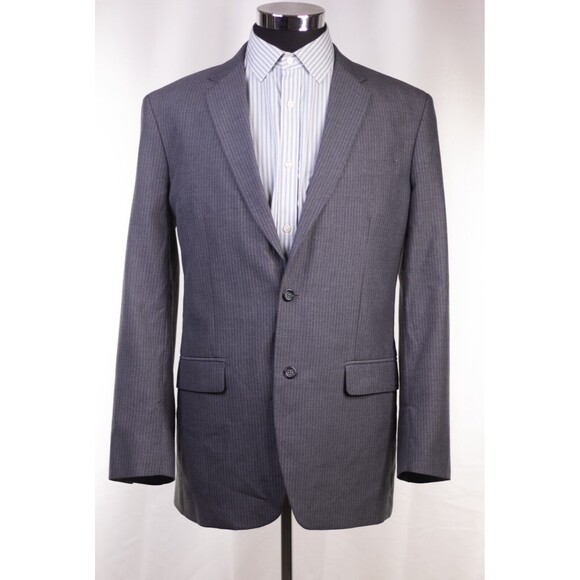 Merona Navy Gray Stripe Sport Coat 42L Polyester Blend Blazer 2 Button - Picture 2 of 13